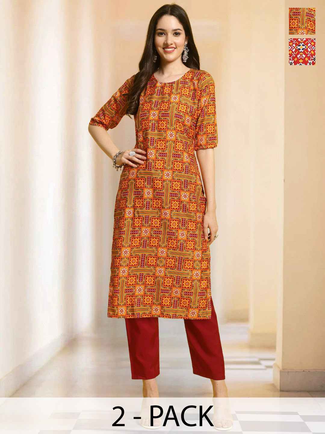 

7Threads Selection Of 2 Geometric Printed Round Neck Straight Kurtas With Trousers, Red