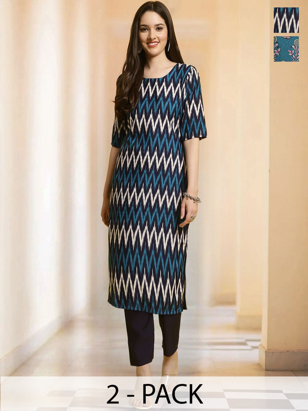 

7Threads Selection Of 2 Chevron Printed Round Neck Straight Kurta With Trousers, Black