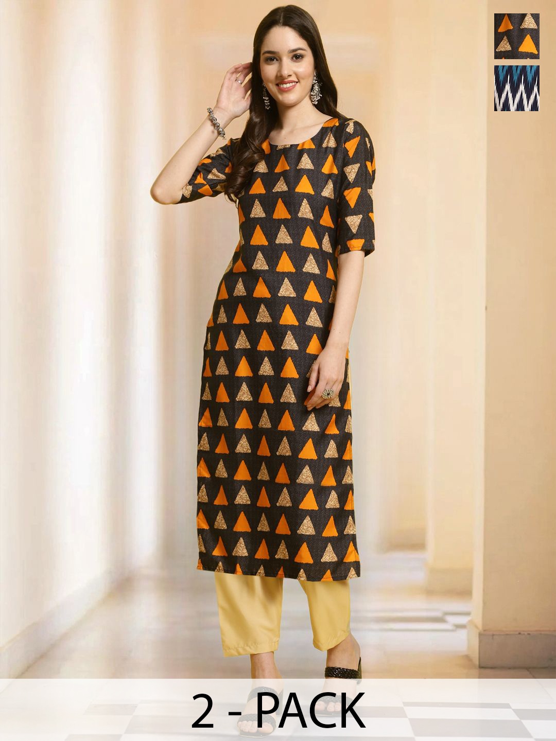 

7Threads Selection Of 2 Geometric Printed Round Neck Straight Kurtas With Trousers, Yellow