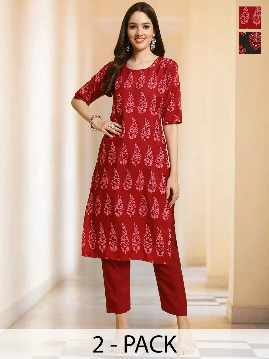 

7Threads Selection Of 2 Floral Printed Round Neck Straight Kurta With Trousers, Red