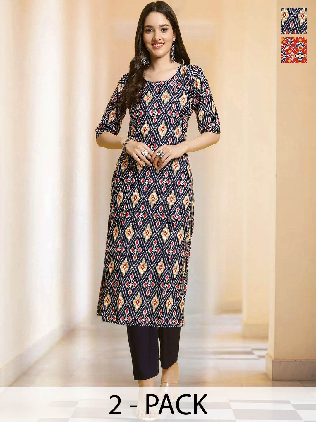 

7Threads Selection Of 2 Ethnic Motifs Printed Round Neck Straight Kurtas With Trousers, Navy blue