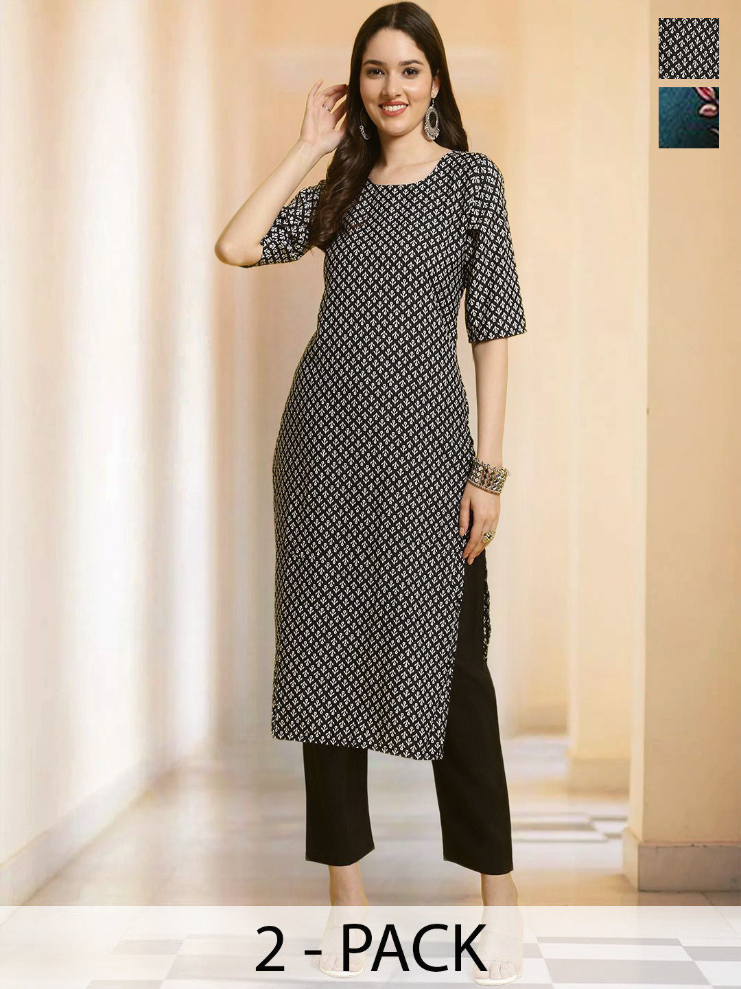 

7Threads Selection Of 2 Floral Printed Round Neck Straight Kurta With Trousers, Black