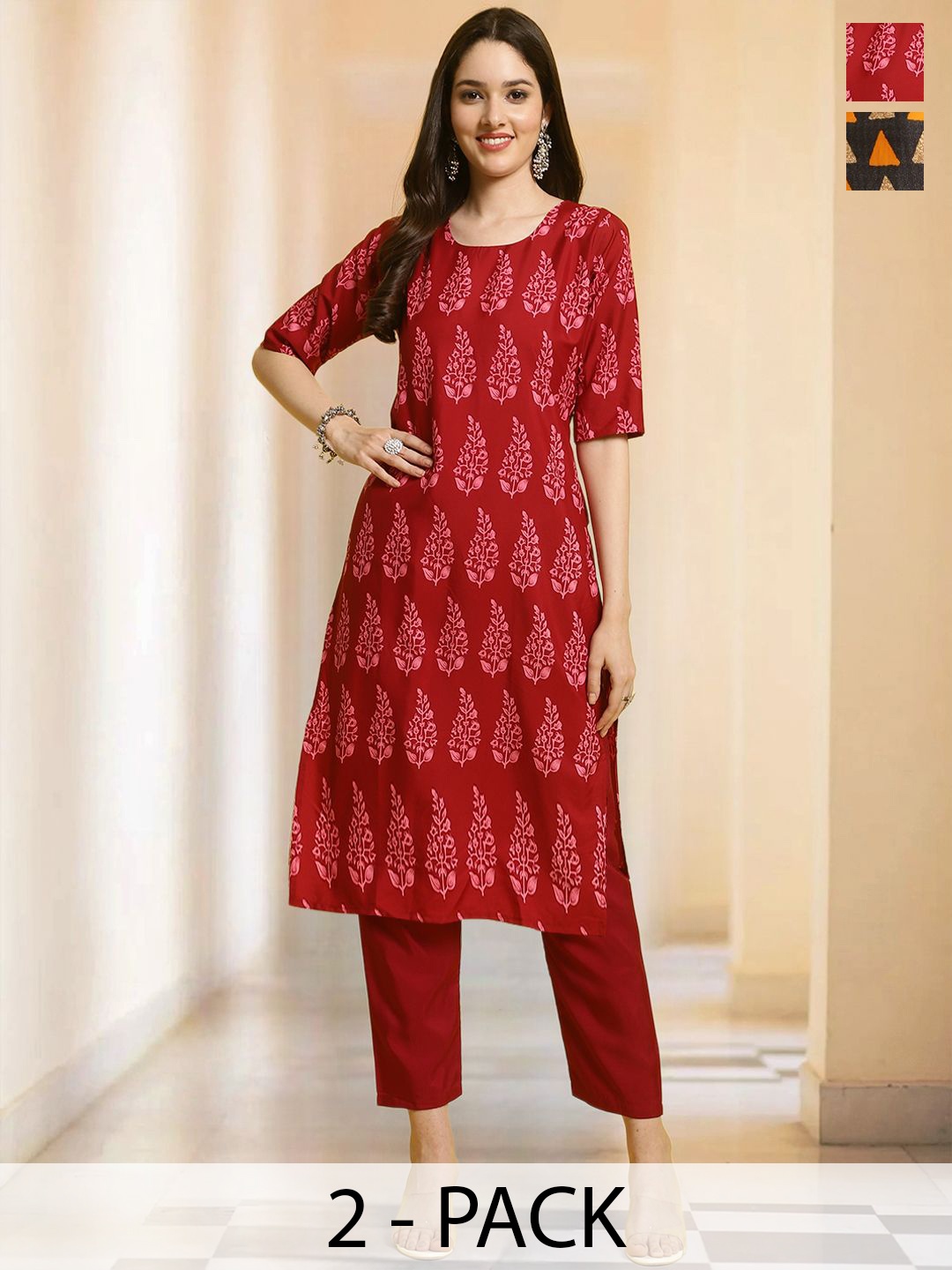 

7Threads Selection Of 2 Floral Printed Round Neck Straight Kurtas With Trousers, Red