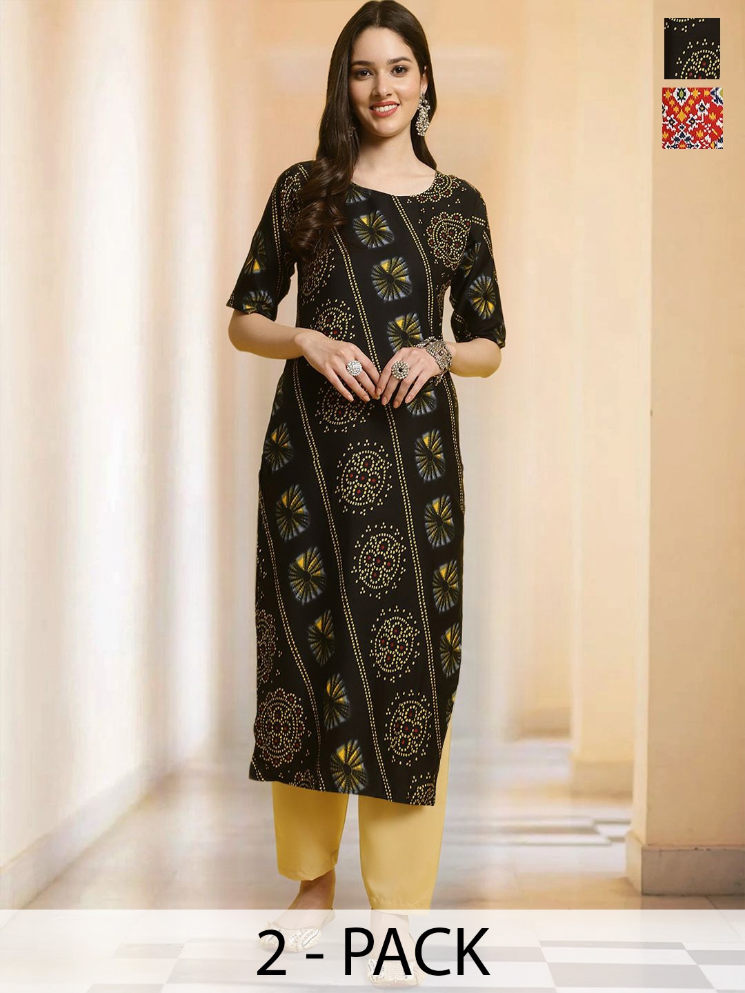 

7Threads Selection Of 2 Bandhani Printed Round Neck Straight Kurtas With Trousers, Black