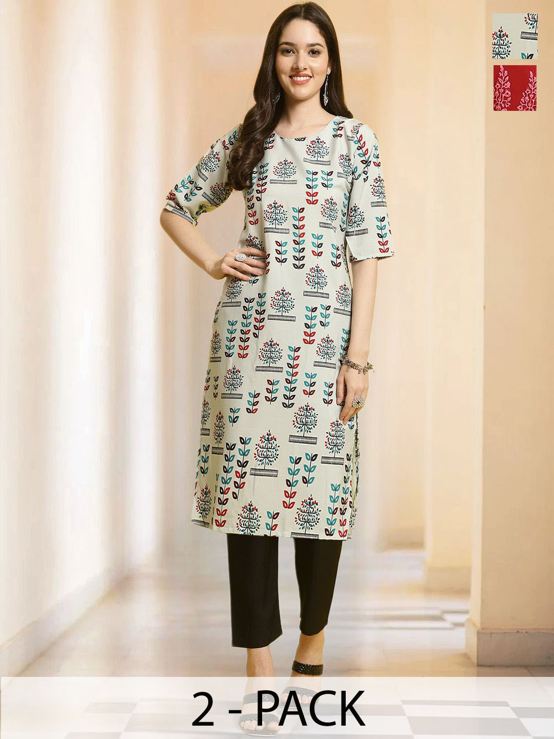 

7Threads Selection of 2 Floral Printed Round Neck Straight Kurtas With Trousers, Beige