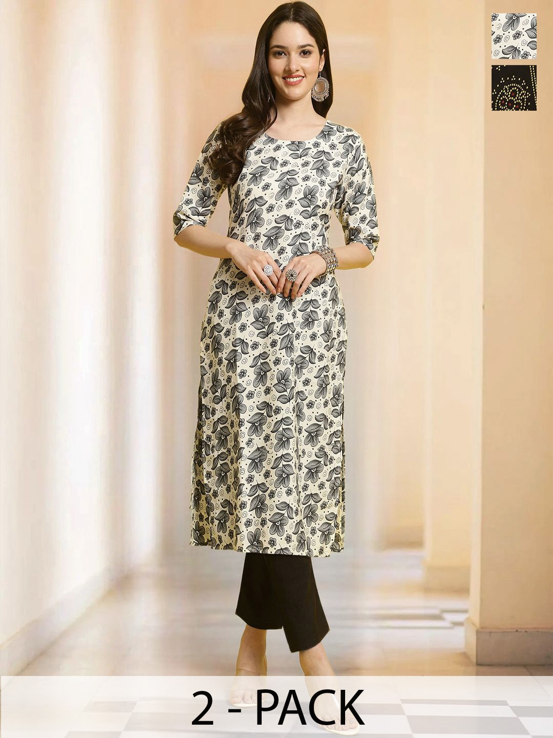 

7Threads Selection Of 2 Floral Printed Round Neck Straight Kurtas With Trousers, Black