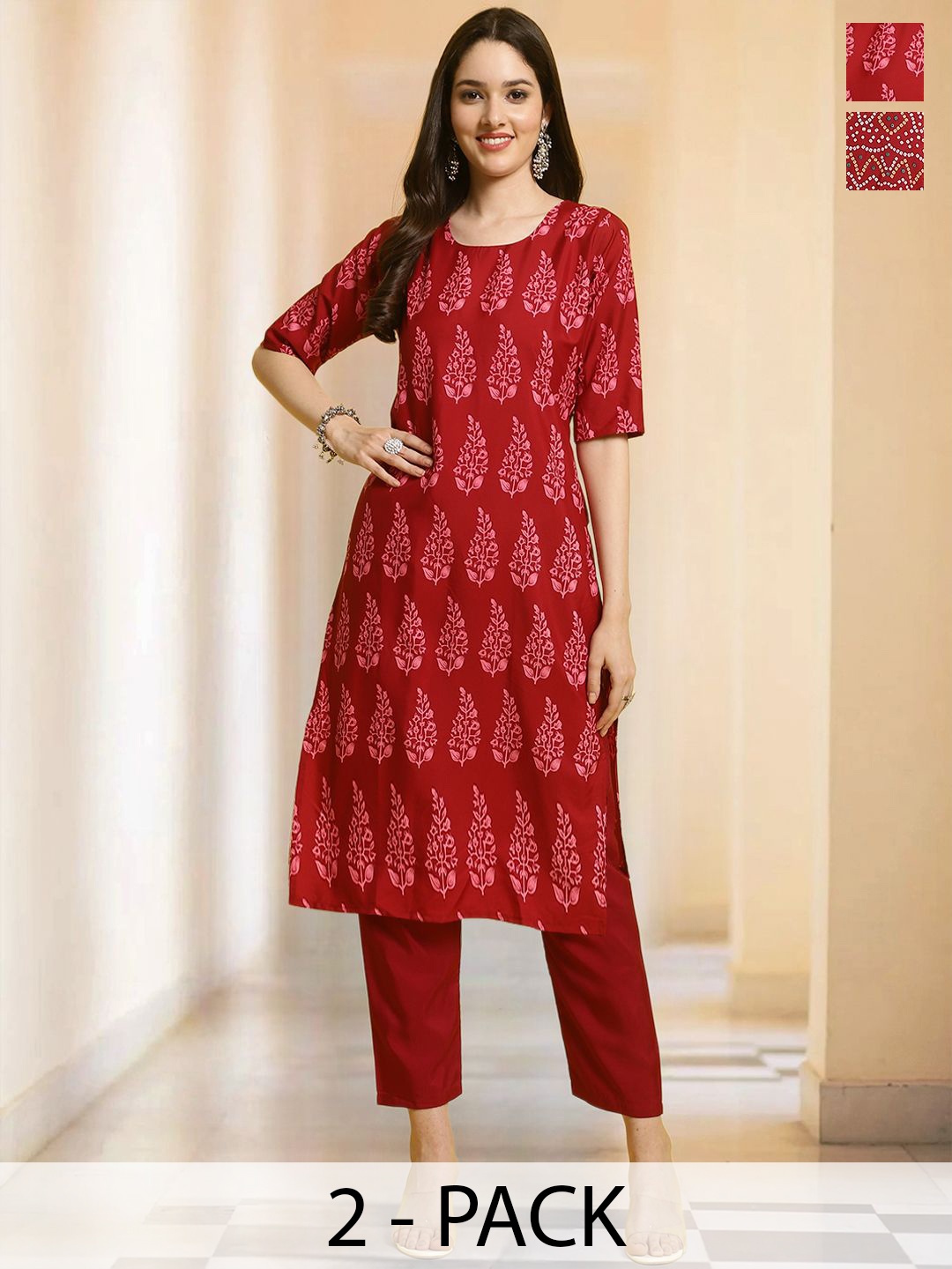 

7Threads Selection Of 2 Floral Printed Round Neck Straight Kurta With Trousers, Red