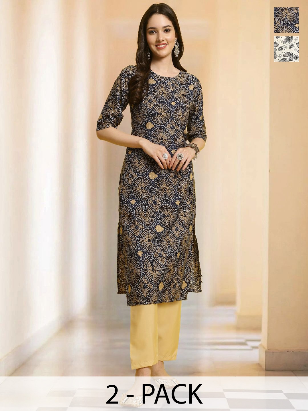 

7Threads Selection Of 2 Floral Printed Round Neck Straight Kurta With Trousers, Navy blue