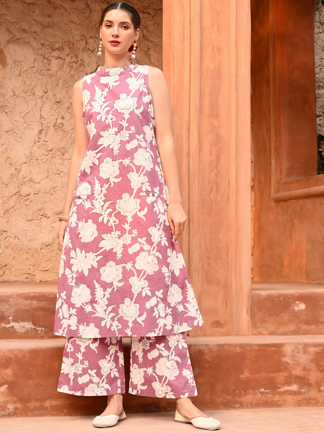 

filora Floral Printed Sequinned Pure Cotton A-Line Kurta With Palazzo, Pink