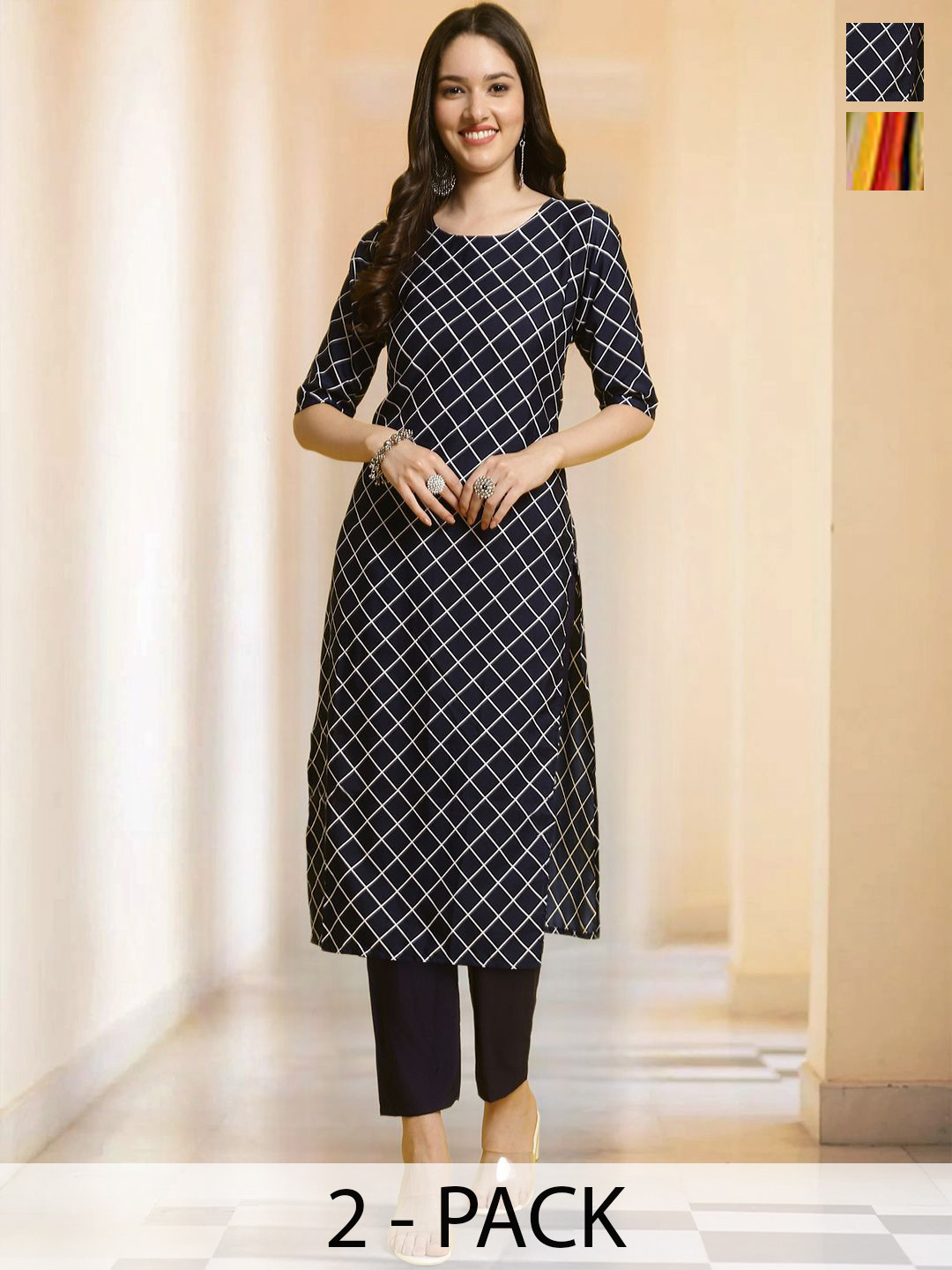 

7Threads Selection Of 2 Geometric Printed Round Neck Straight Kurta With Trousers, Black