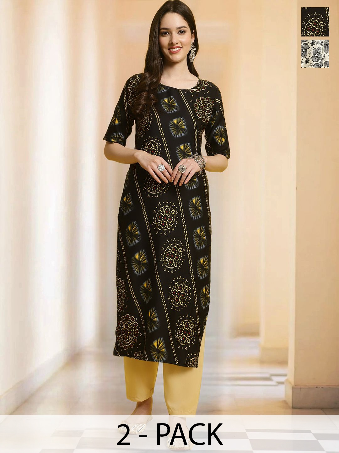 

7Threads Selection Of 2 Ethnic Motifs Printed Round Neck Straight kurta With Trousers, White