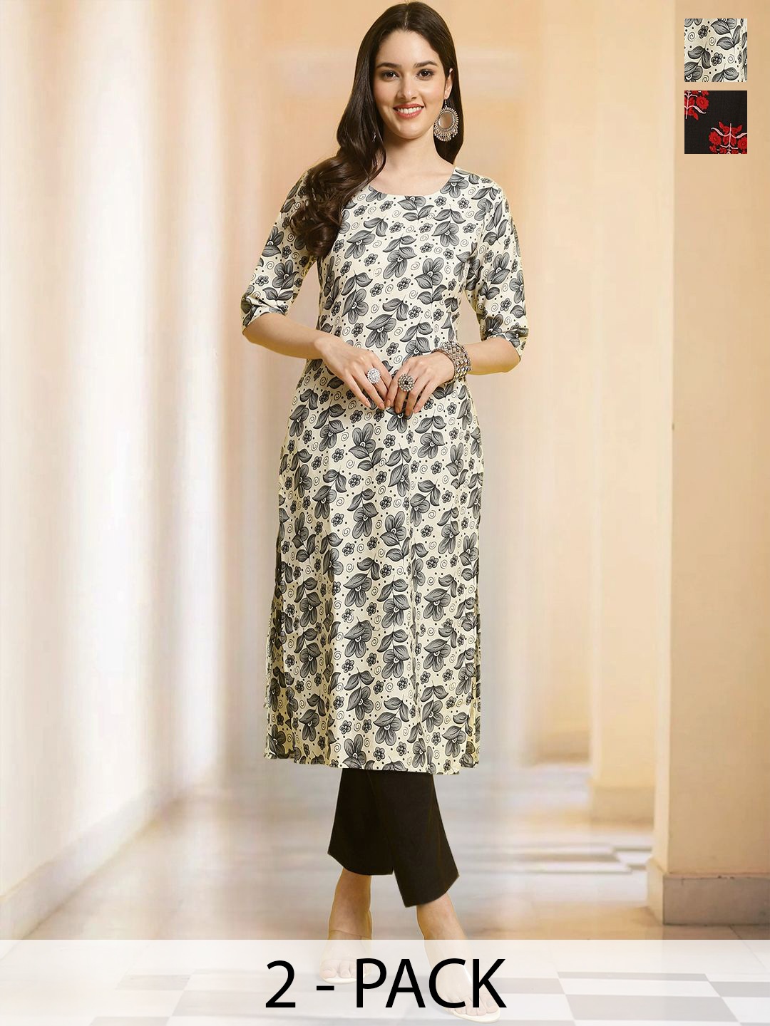 

7Threads Selection Of 2 Floral Printed Straight Kurtas With Trousers, Grey