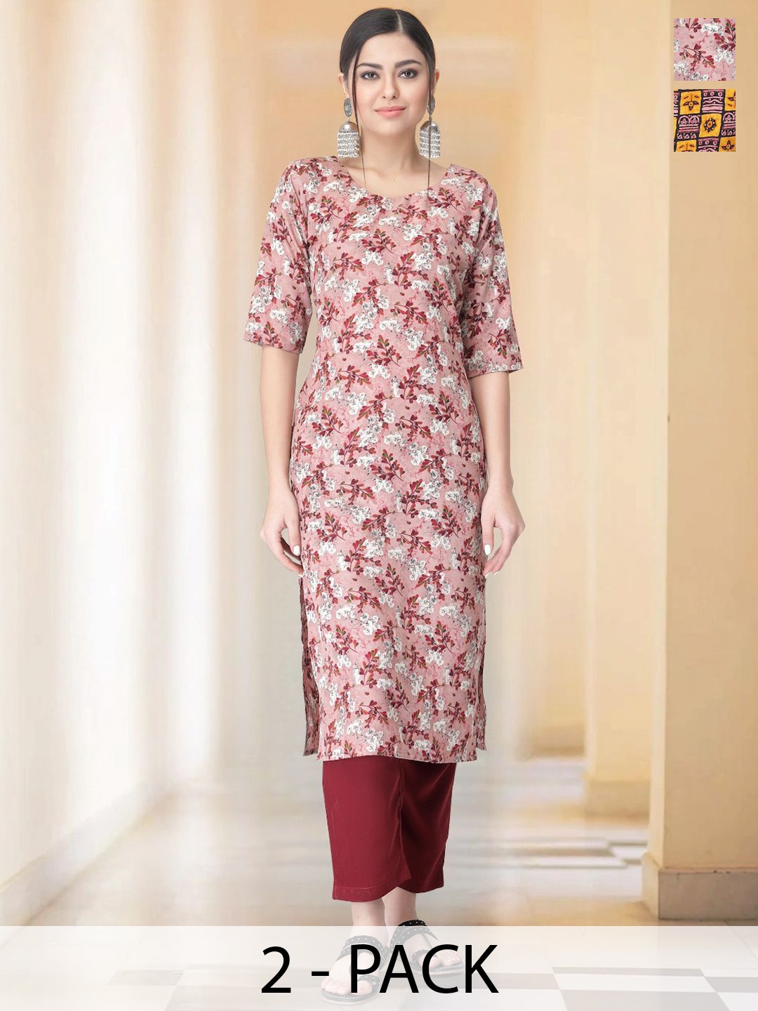 

7Threads Selection Of 2 Floral Printed Round Neck Straight Kurtas With Trousers, Pink