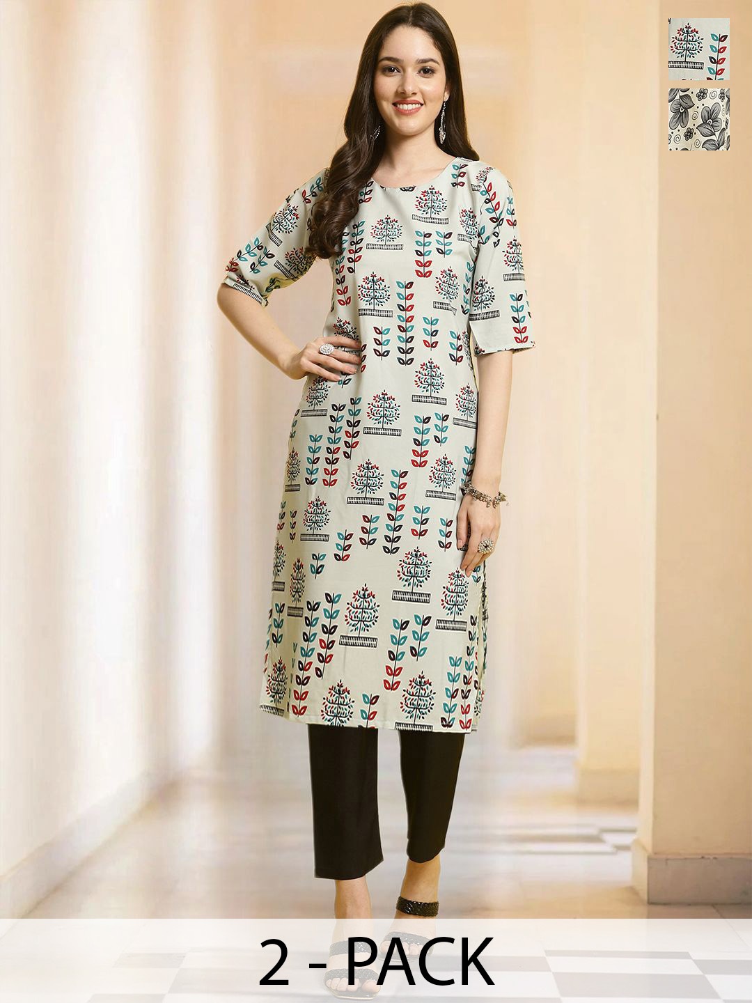 

7Threads Selection Of 2 Floral Printed Round Neck Straight Kurta With Trousers, Grey