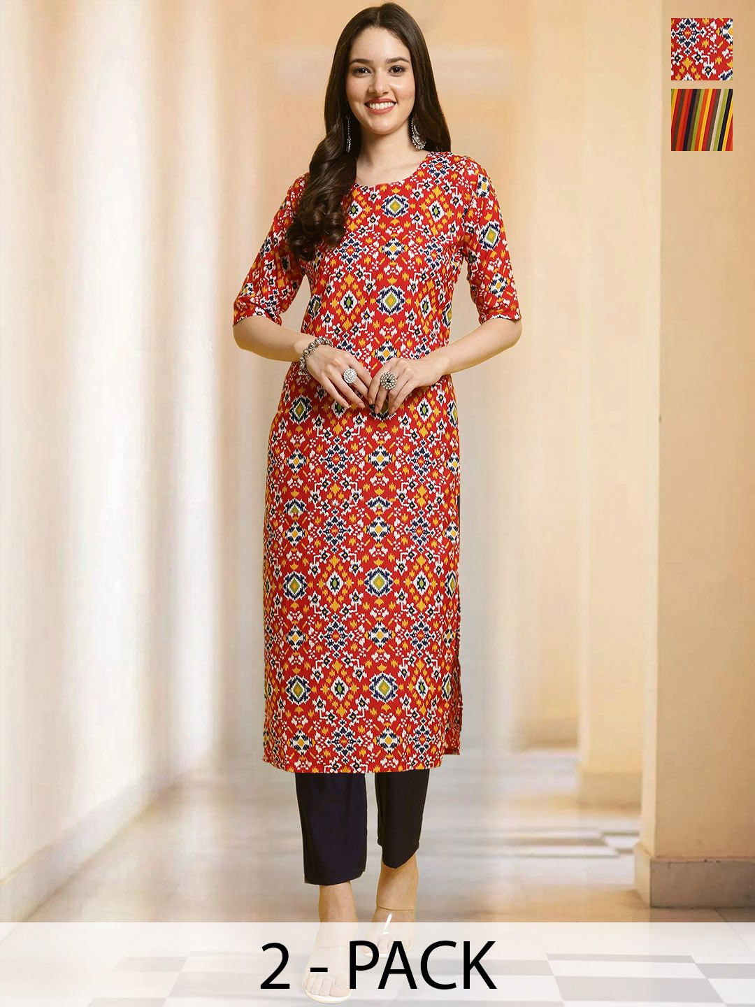 

7Threads Selection Of 2 Ethnic Motifs Printed Round Neck Straight Kurta With Trousers, Red
