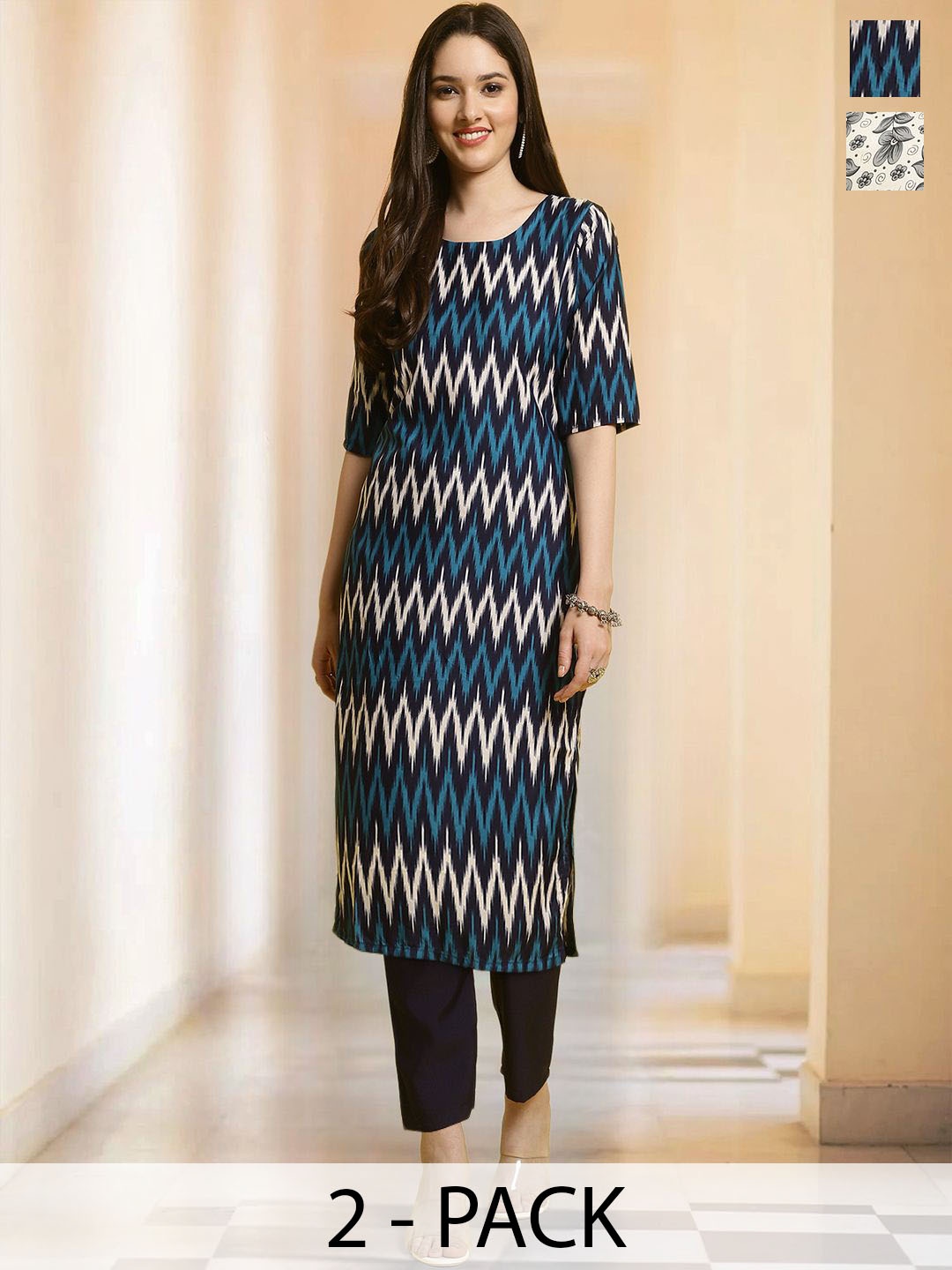 

7Threads Selection of 2 Chevron Printed Round Neck Straight Kurtas with Trousers, Blue
