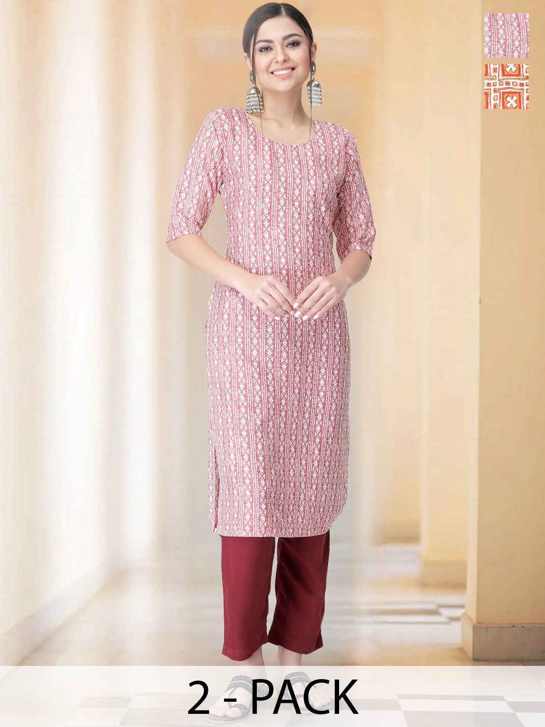 

7Threads Selection Of 2 Striped Printed Round Neck Straight Kurta with Trousers, Pink
