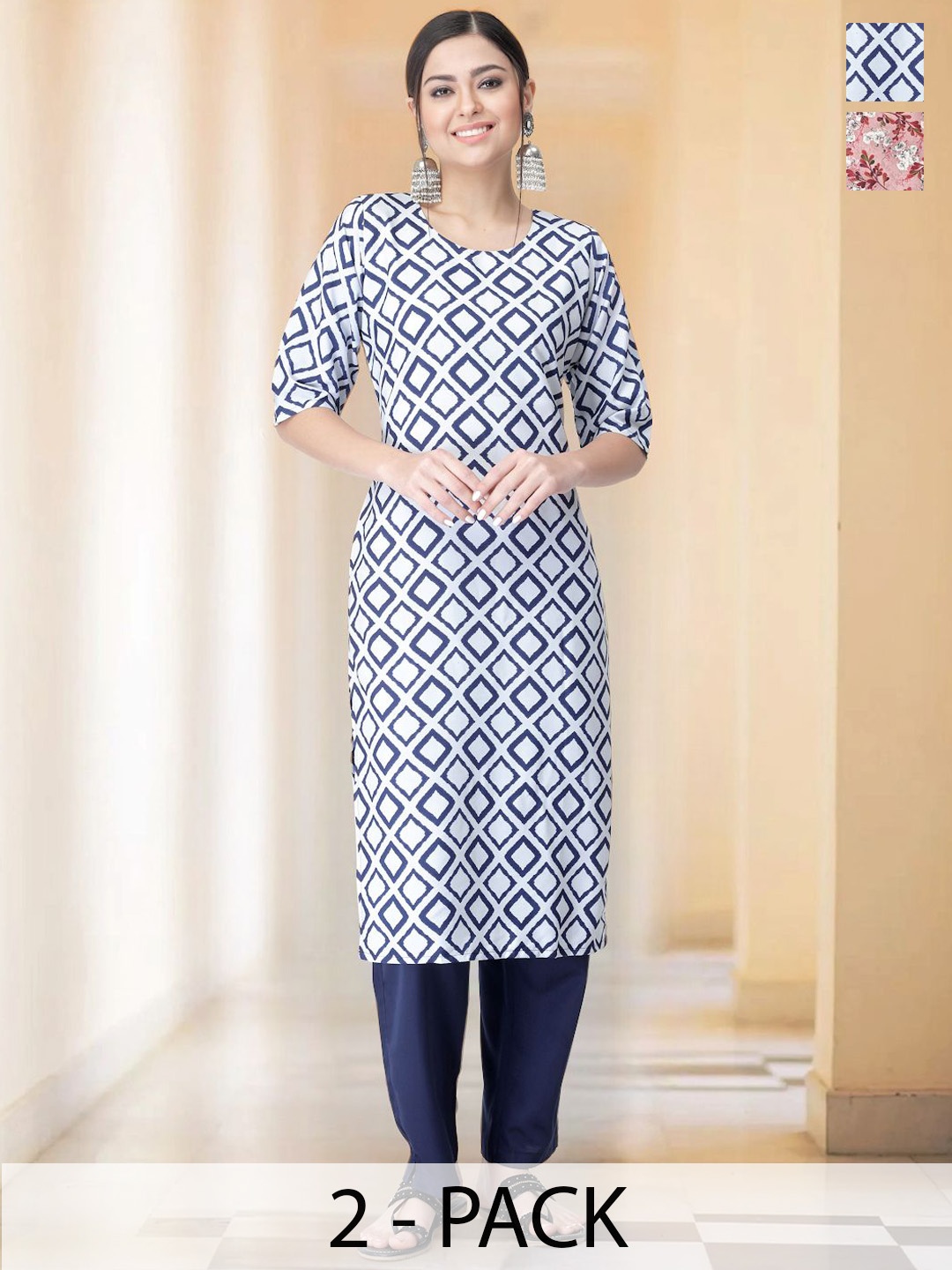 

7Threads Selection Of 2 Geometric Printed Round Neck Straight Kurtas With Trousers, White