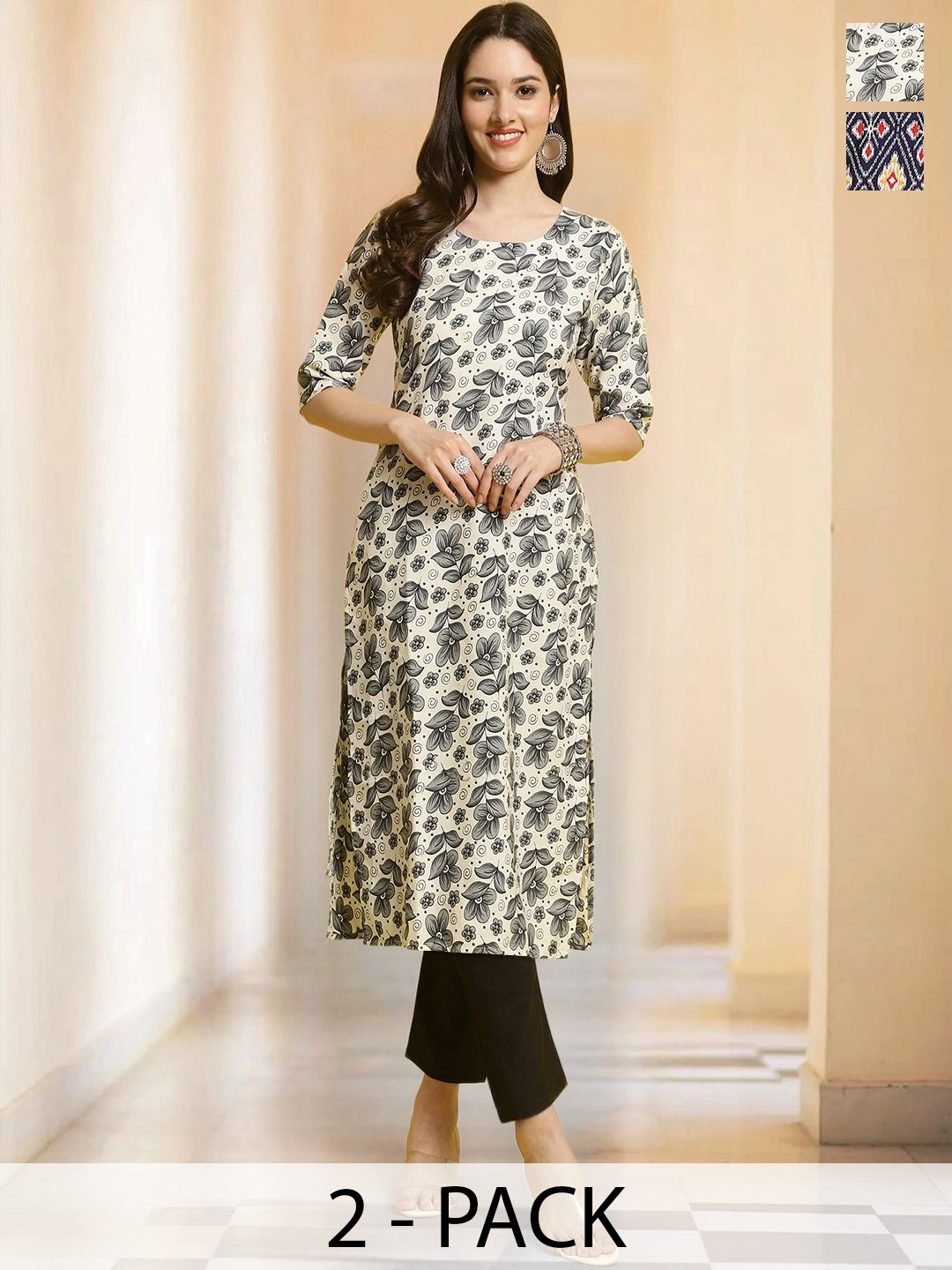 

7Threads Selection Of 2 Floral Printed Round Neck Straight Kurtas With Trousers, Off white