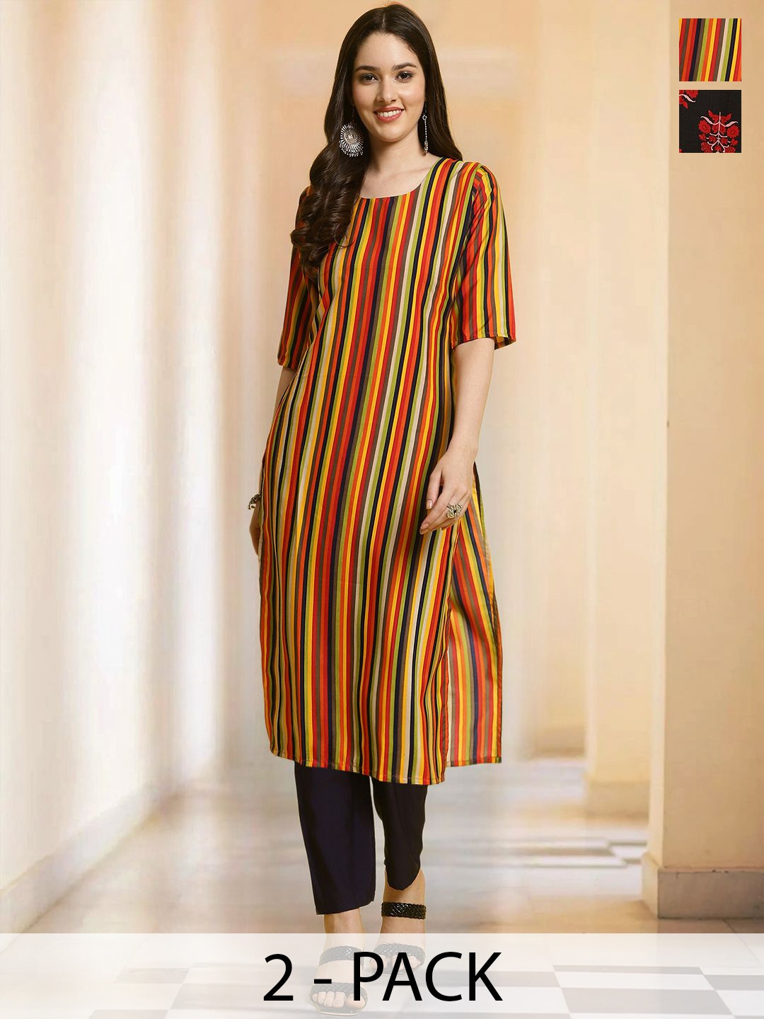 

7Threads Selection Of 2 Striped Round Neck Straight Kurtas With Trousers, Yellow