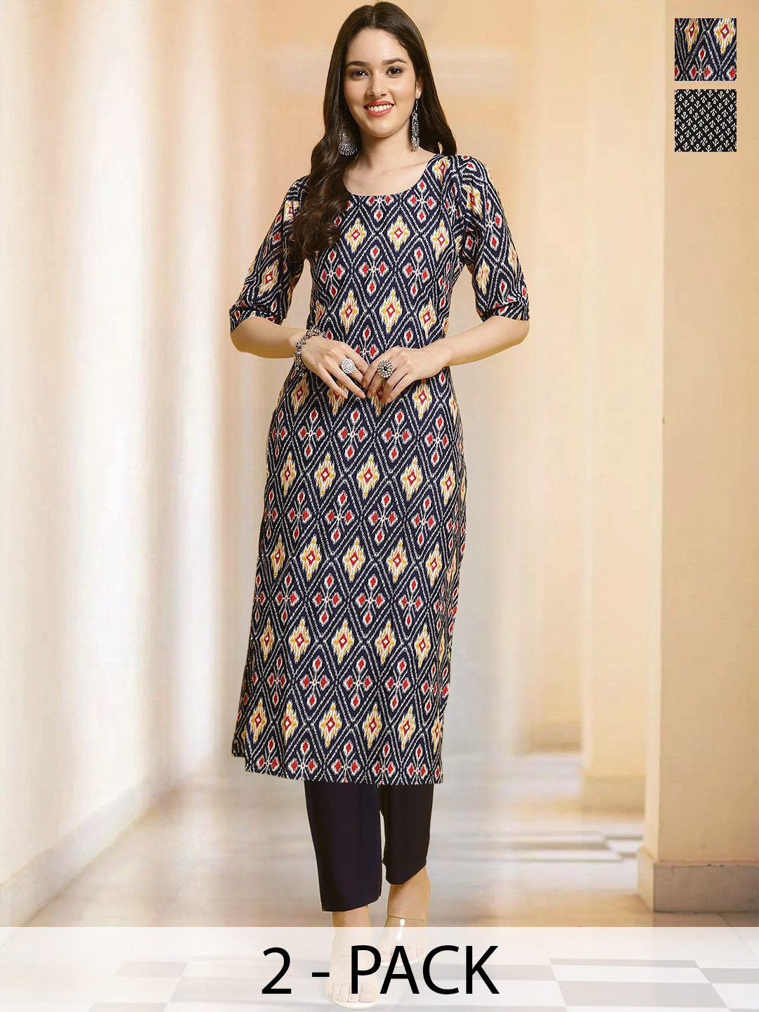 

7Threads Selection Of 2 Geometric Printed Round Neck Straight Kurta With Trousers, Navy blue