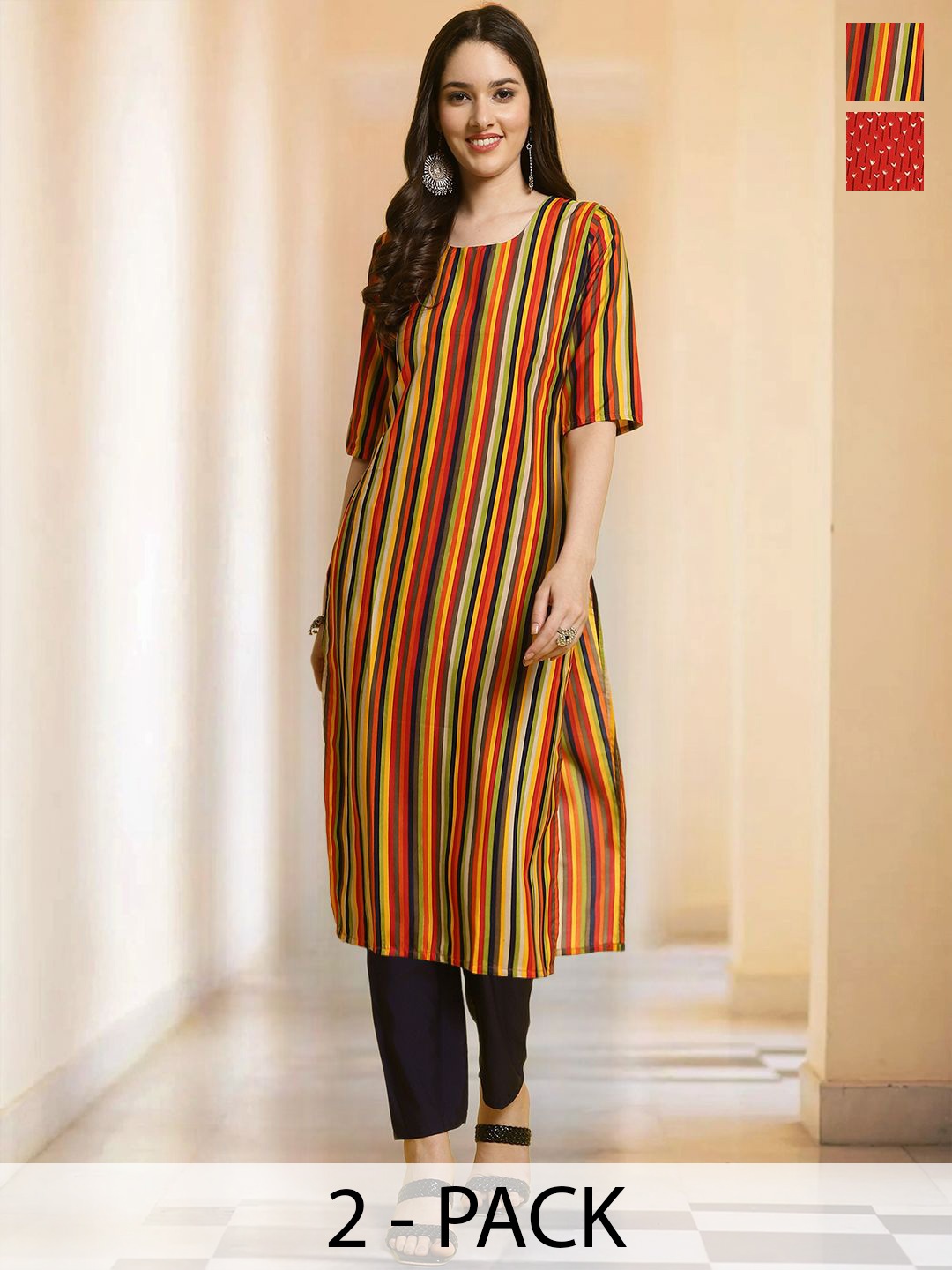 

7Threads Selection Of 2 Striped Round Neck Straight Kurtas With Trousers, Red