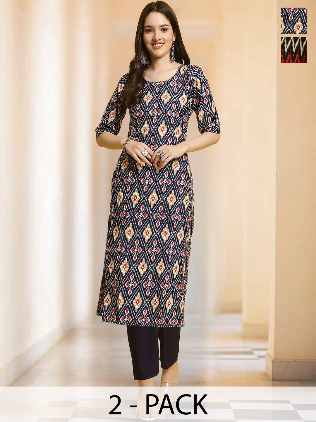 

7Threads Selection Of 2 Chevron Printed Round Neck Straight Kurtas With Trousers, Maroon