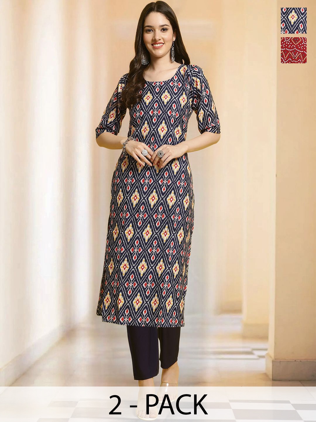 

7Threads Selection Of 2 Ethnic Motifs Printed Round Neck Straight Kurta With Trousers, Red