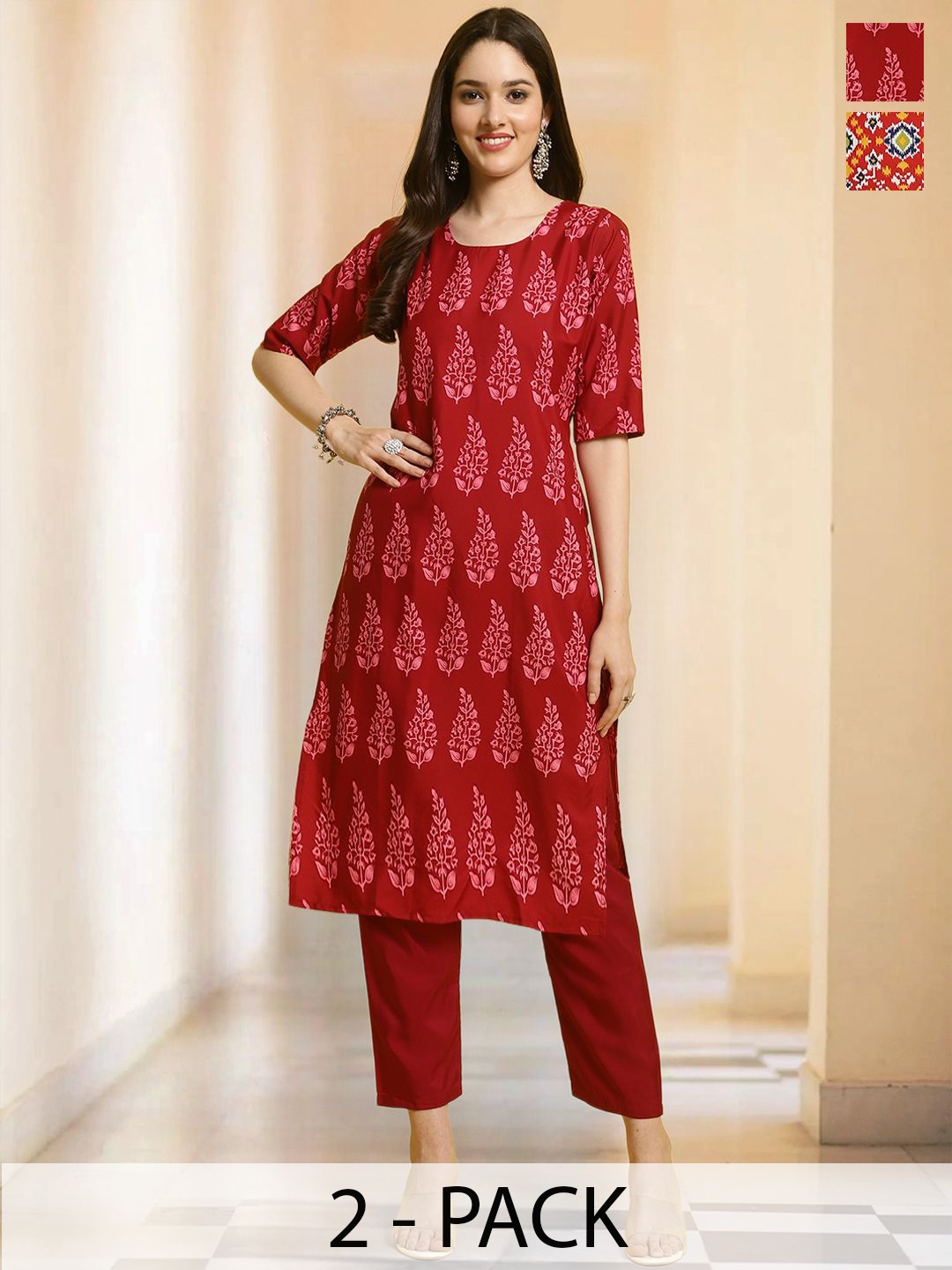 

7Threads Selection Of 2 Floral Printed Round Neck Straight Kurtas With Trousers, Red