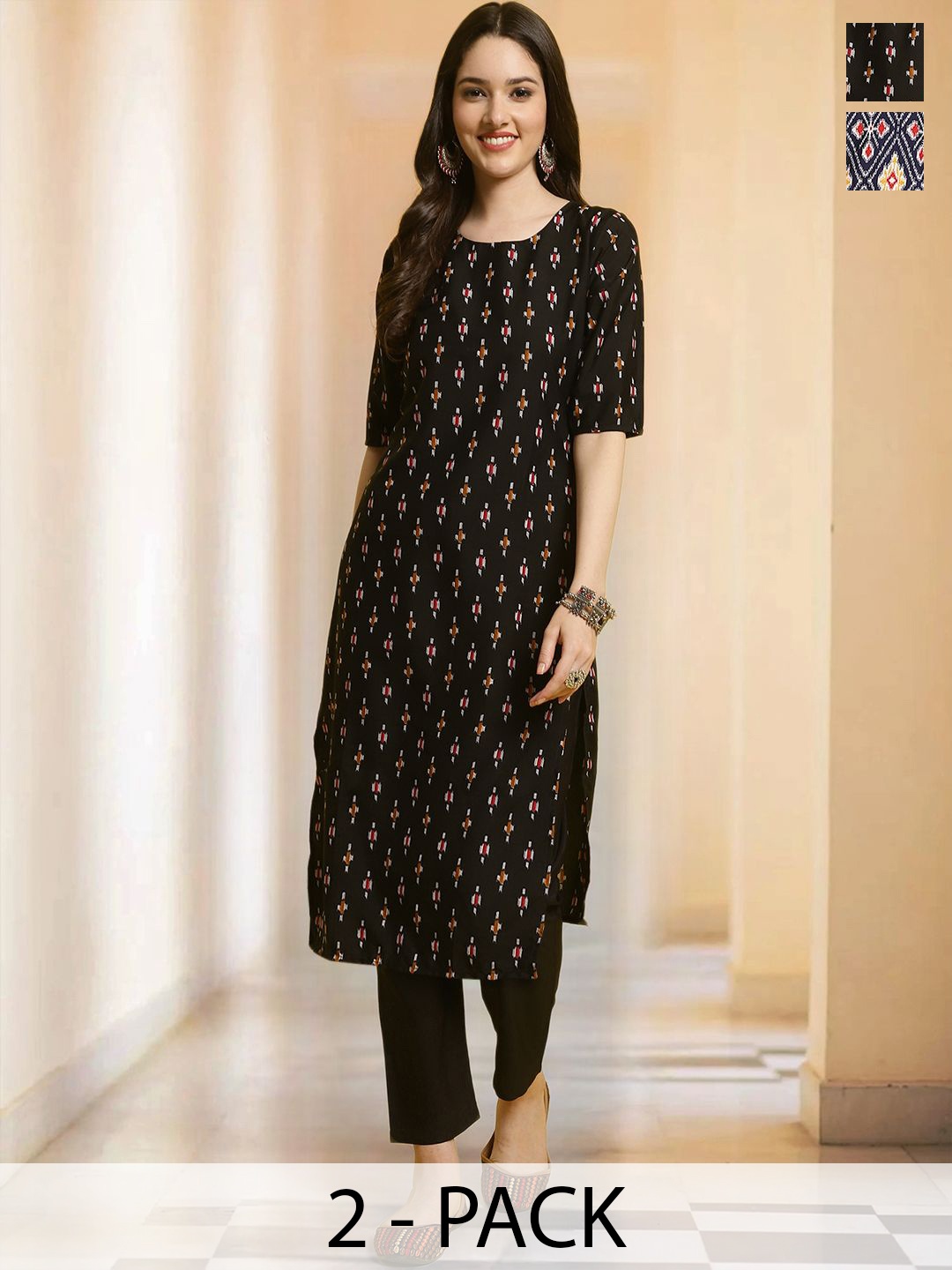 

7Threads Selection Of 2 Geometric Printed Round Neck Straight Kurtas With Trousers, Black