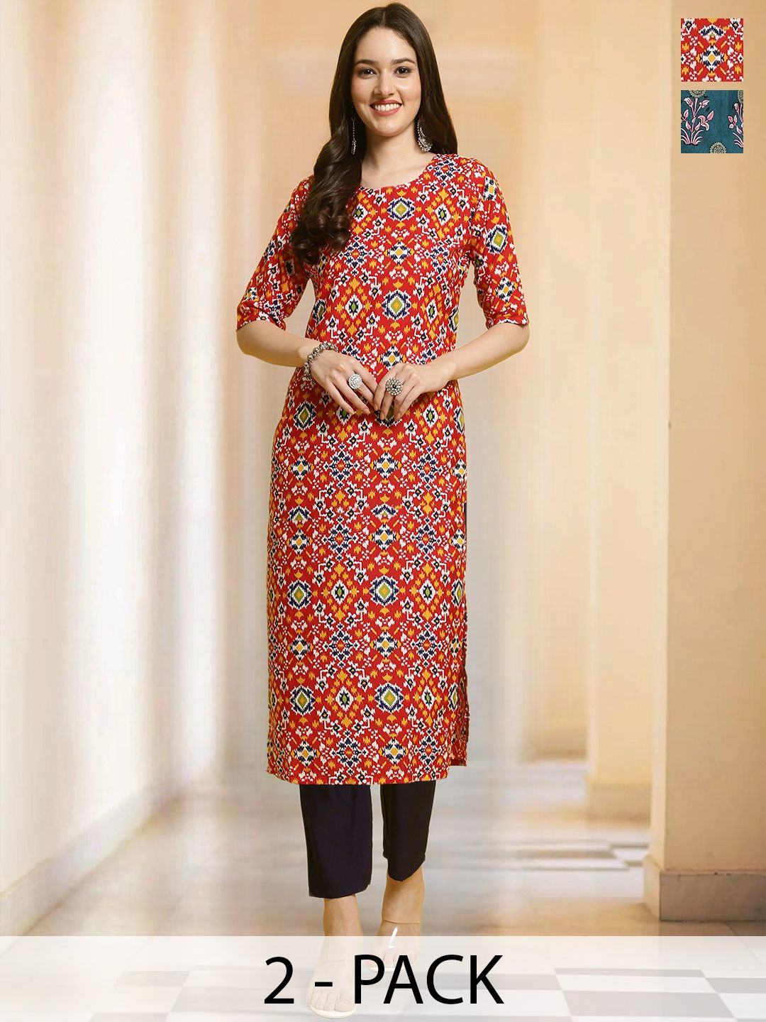

7Threads Selection Of 2 Chevron Printed Round Neck Straight Kurtas With Trousers, Red