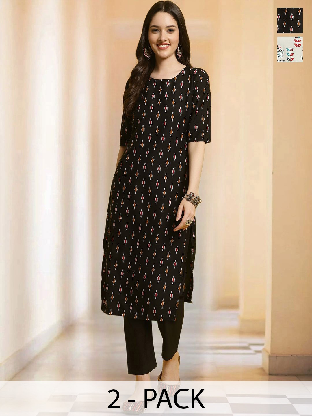 

7Threads Selection Of 2 Ethnic Motifs Printed Round Neck Straight Kurta With Trousers, Black