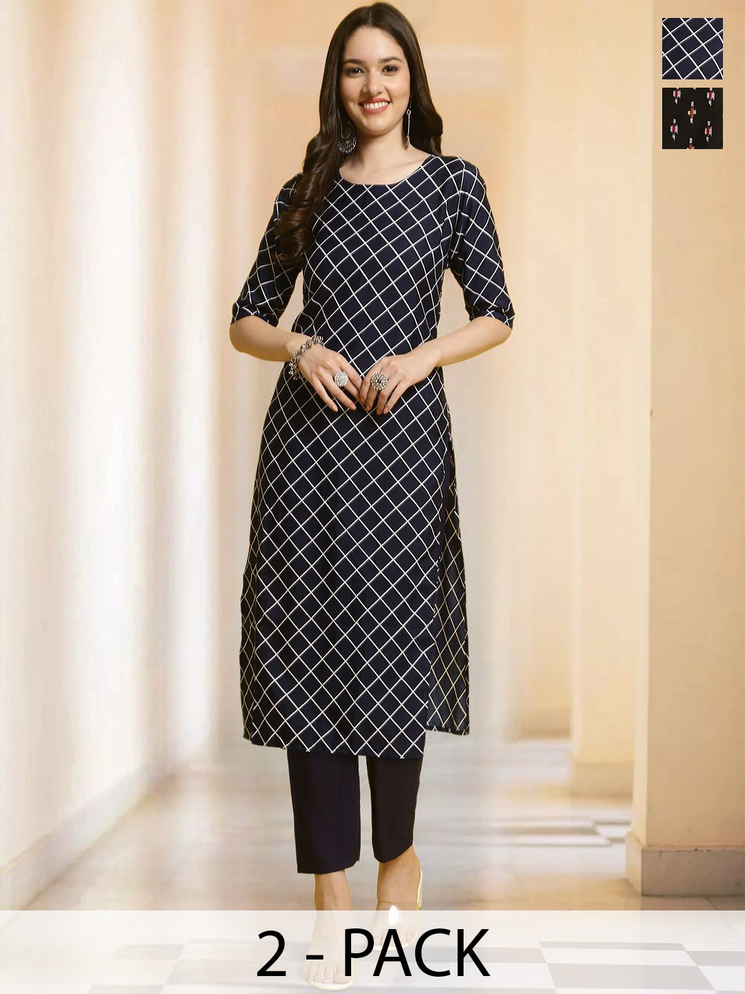 

7Threads Selection Of 2 Checked Round Neck Straight Kurtas With Trousers, Navy blue