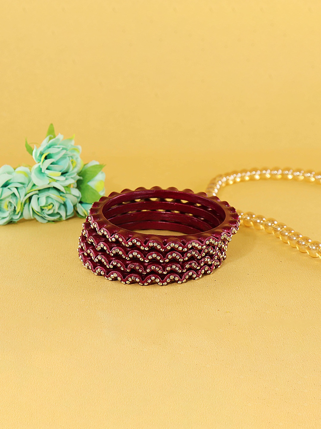 

ZULKA Set Of 8 Cubic Zirconia Studded Zig-Zag Design Kada Bangles, Maroon