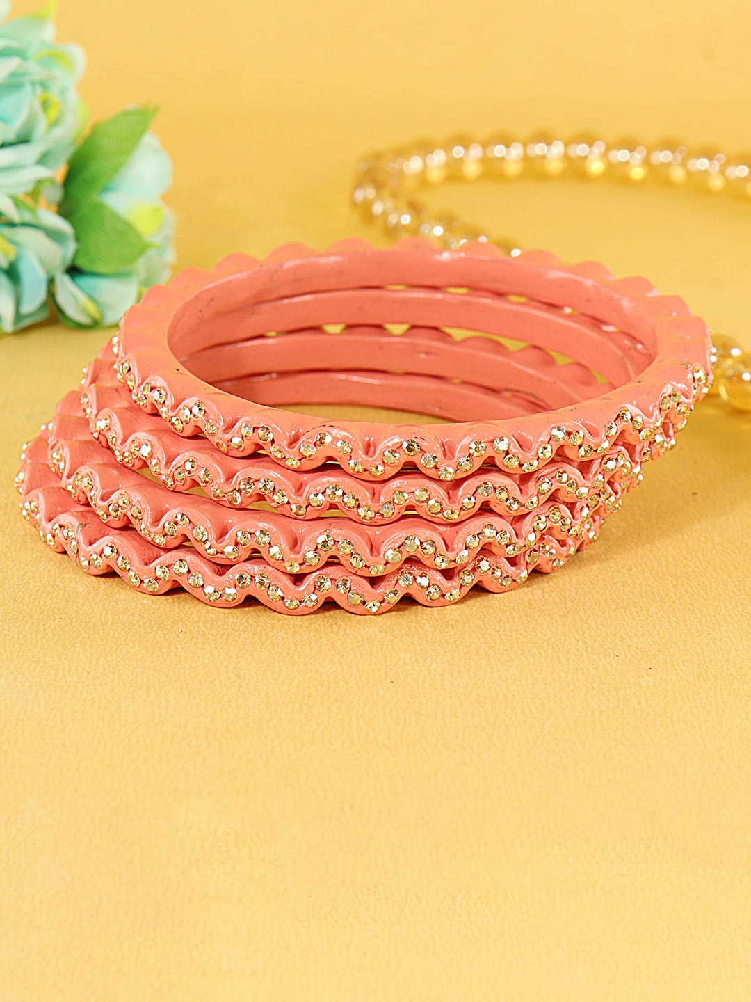 

ZULKA Set Of 8 Cubic Zirconia Studded Zig-Zag Design Kada Bangles, Peach