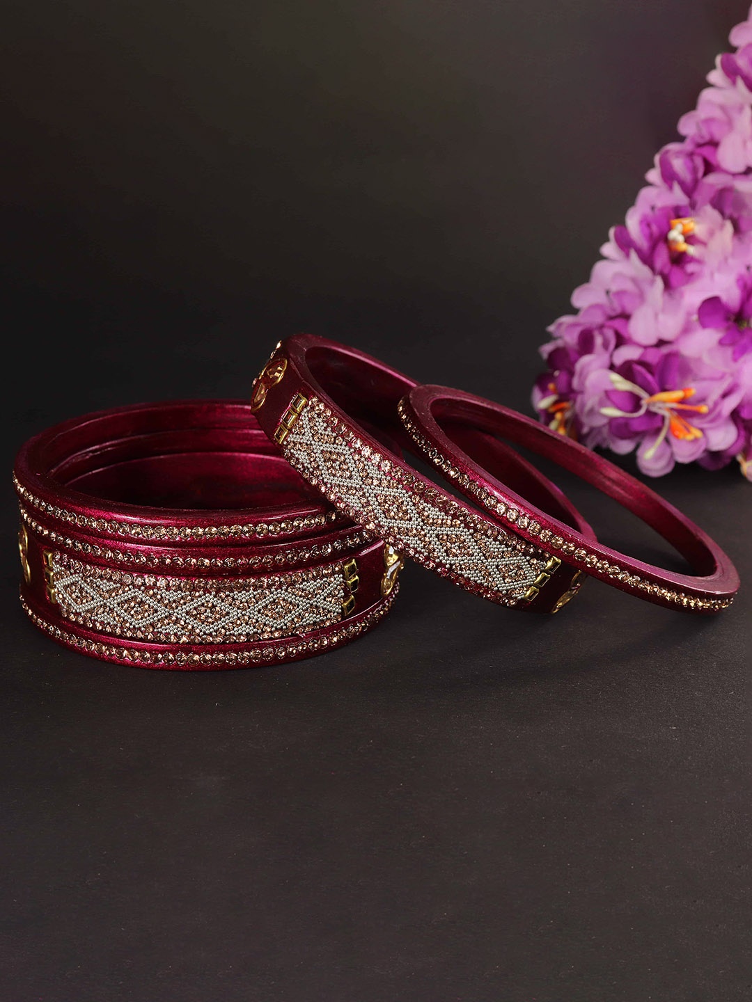 

ZULKA Set Of 6 Cubic Zirconia & Kundan Stone Studded Kada Bangles, Magenta