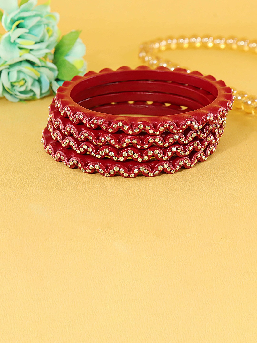 

ZULKA Set Of 8 Cubic Zirconia Studded Zig-Zag Design Kada Bangles, Red