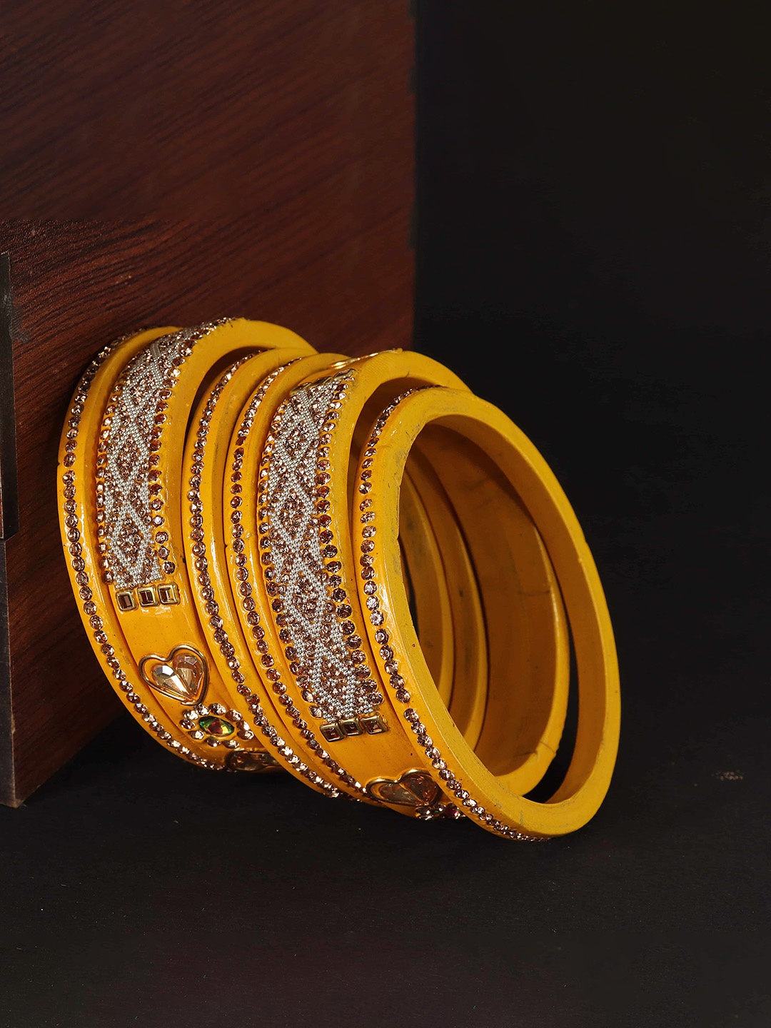 

ZULKA Set Of 6 Cubic Zirconia & Kundan Stone Studded Kada Bangles, Yellow