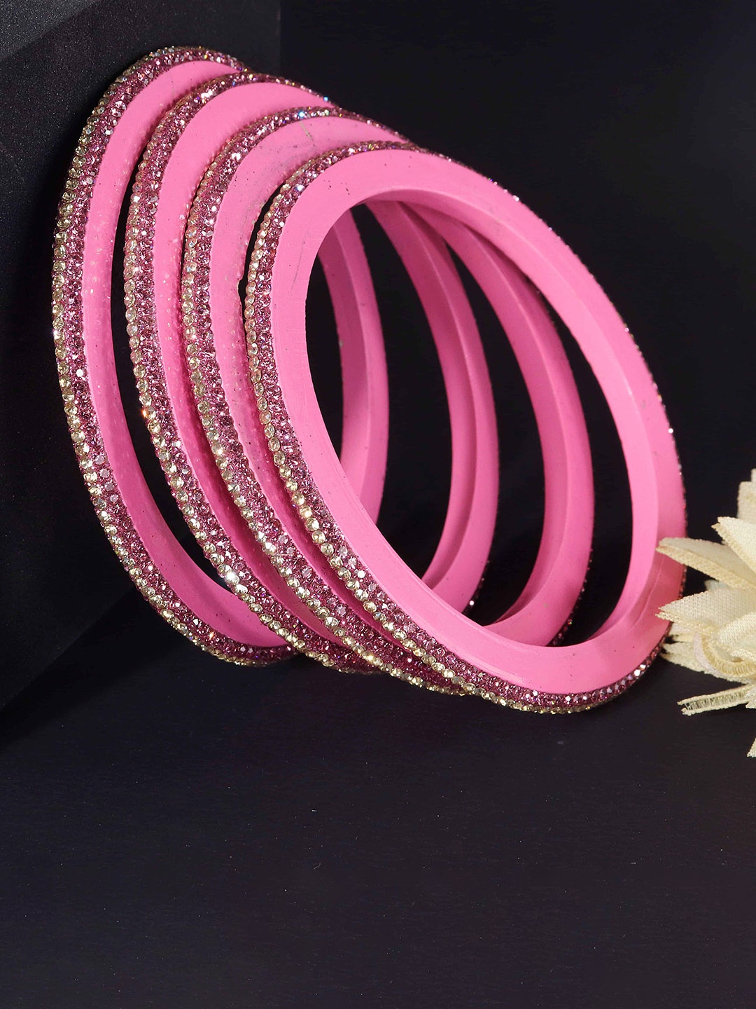 

ZULKA Set Of 8 Zircon Diamond Stone-Studded Antique Bangles, Pink