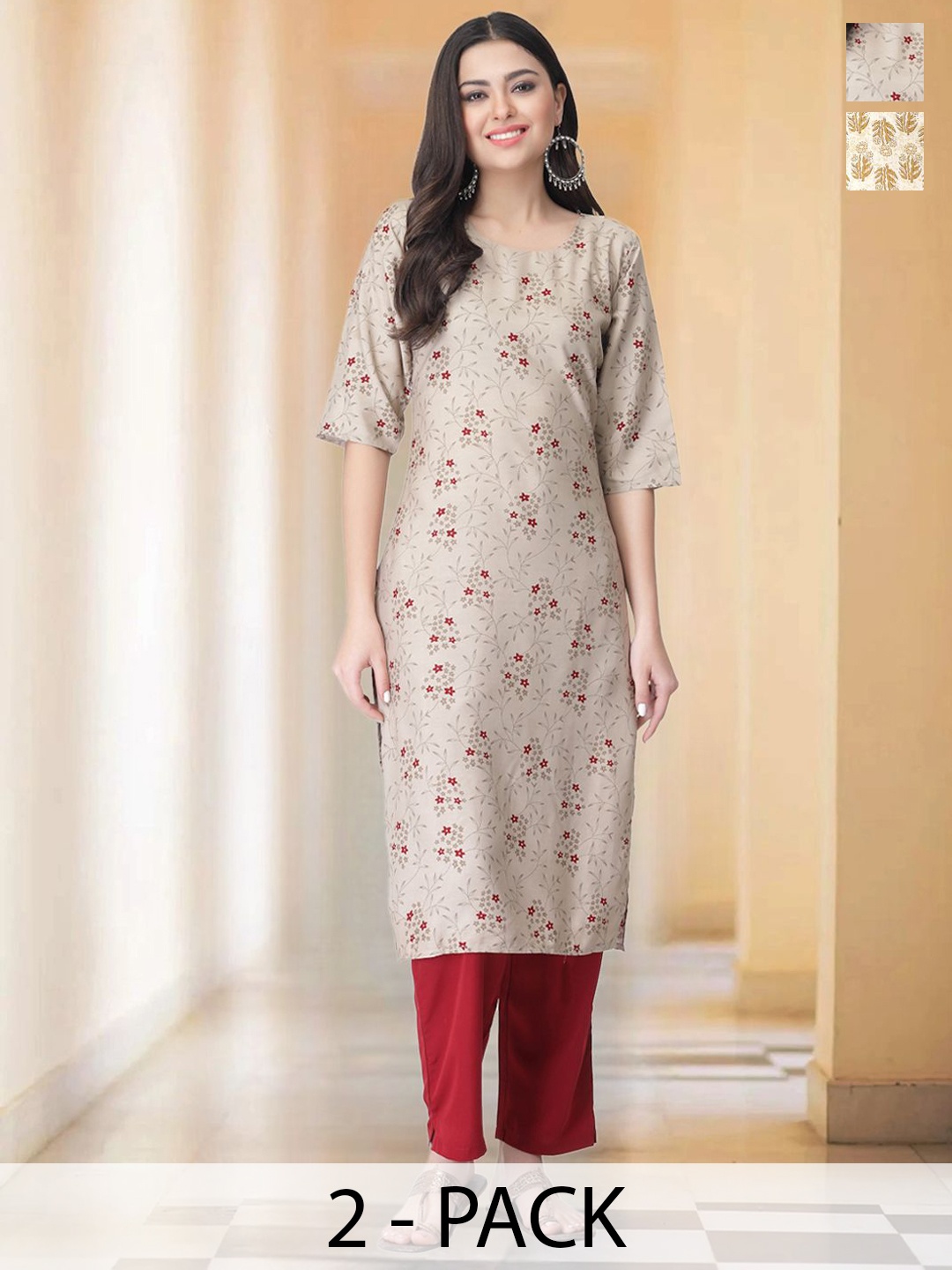 

7Threads Selection Of 2 Floral Printed Round Neck Straight Kurtas With Trousers, Cream