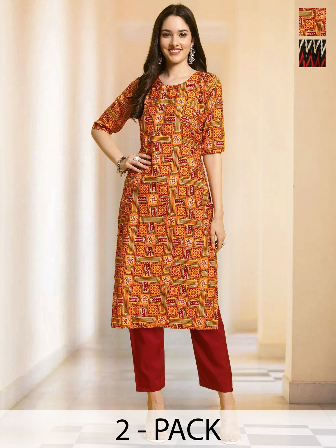 

7Threads Selection Of 2 Geometric Printed Round Neck Straight Kurtas With Trousers, Yellow