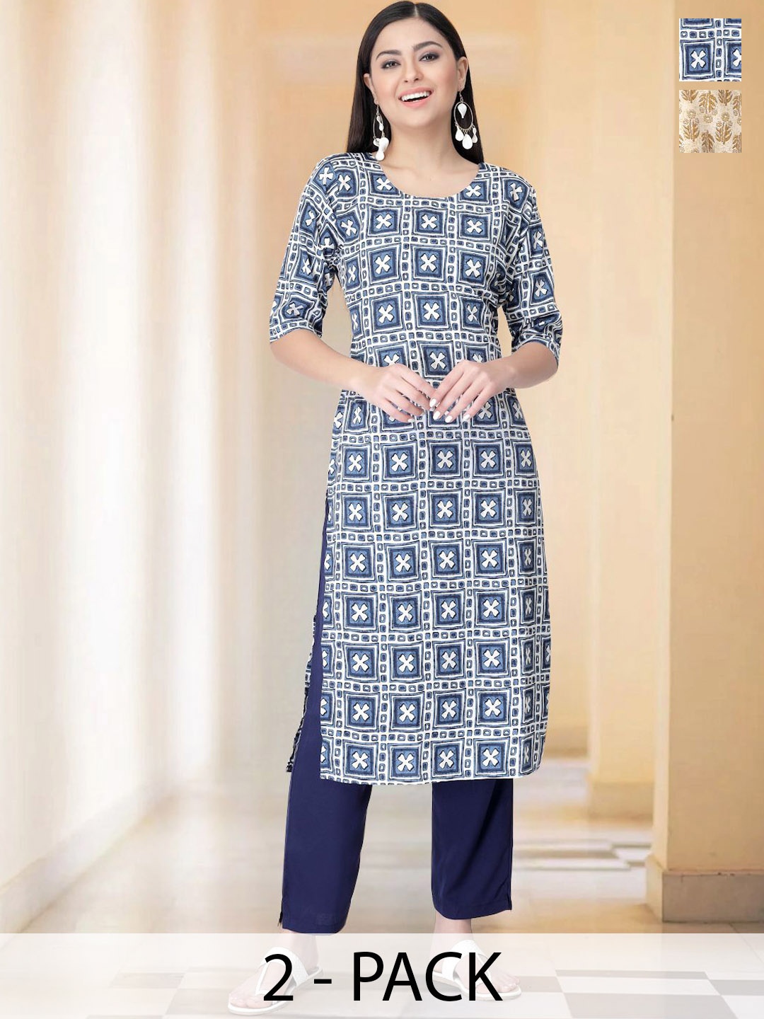 

7Threads Selection Of 2 Ethnic Motifs Printed Round Neck Straight Kurta with Trousers, Navy blue