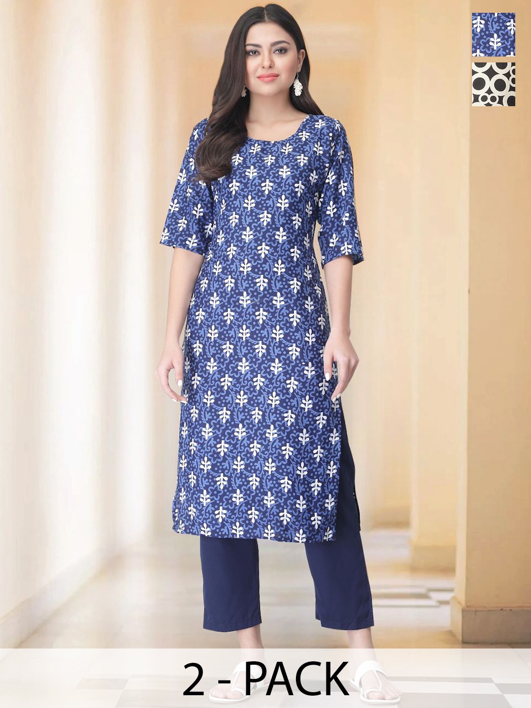 

7Threads Selection Of 2 Floral Printed Round Neck Straight Kurta With Trousers, Blue
