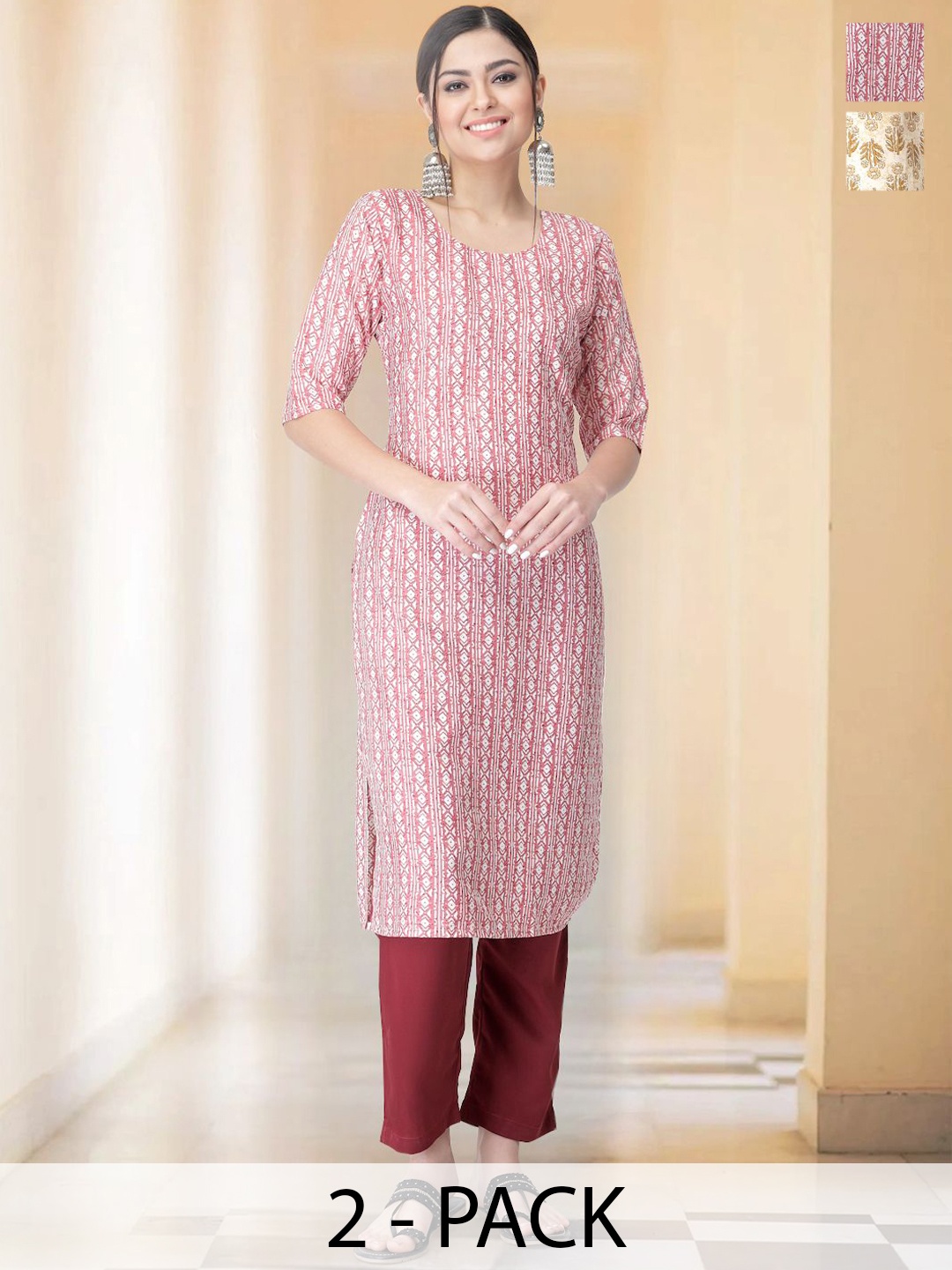 

7Threads Selection Of 2 Geometric Printed Round Neck Straight Kurtas With Trousers, Pink