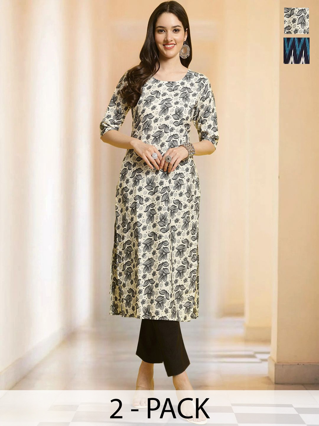 

7Threads Selection Of 2 Floral Printed Round Neck Straight Kurtas With Trousers, Beige