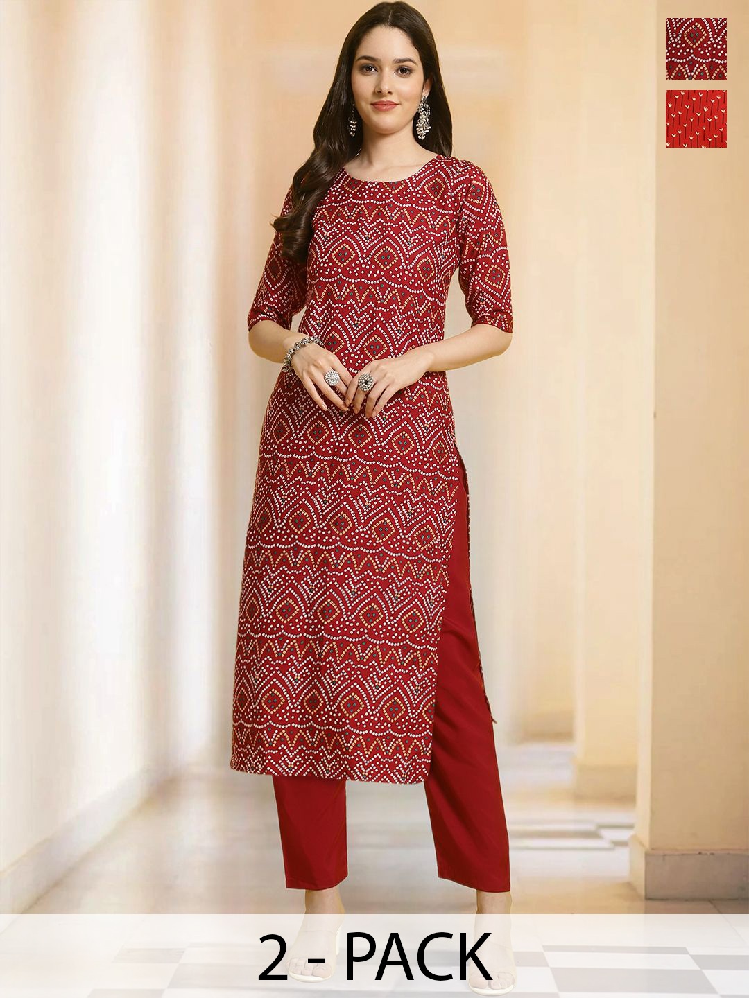 

7Threads Selection Of 2 Ethnic Motifs Printed Round Neck Straight Kurta With Trousers, Red