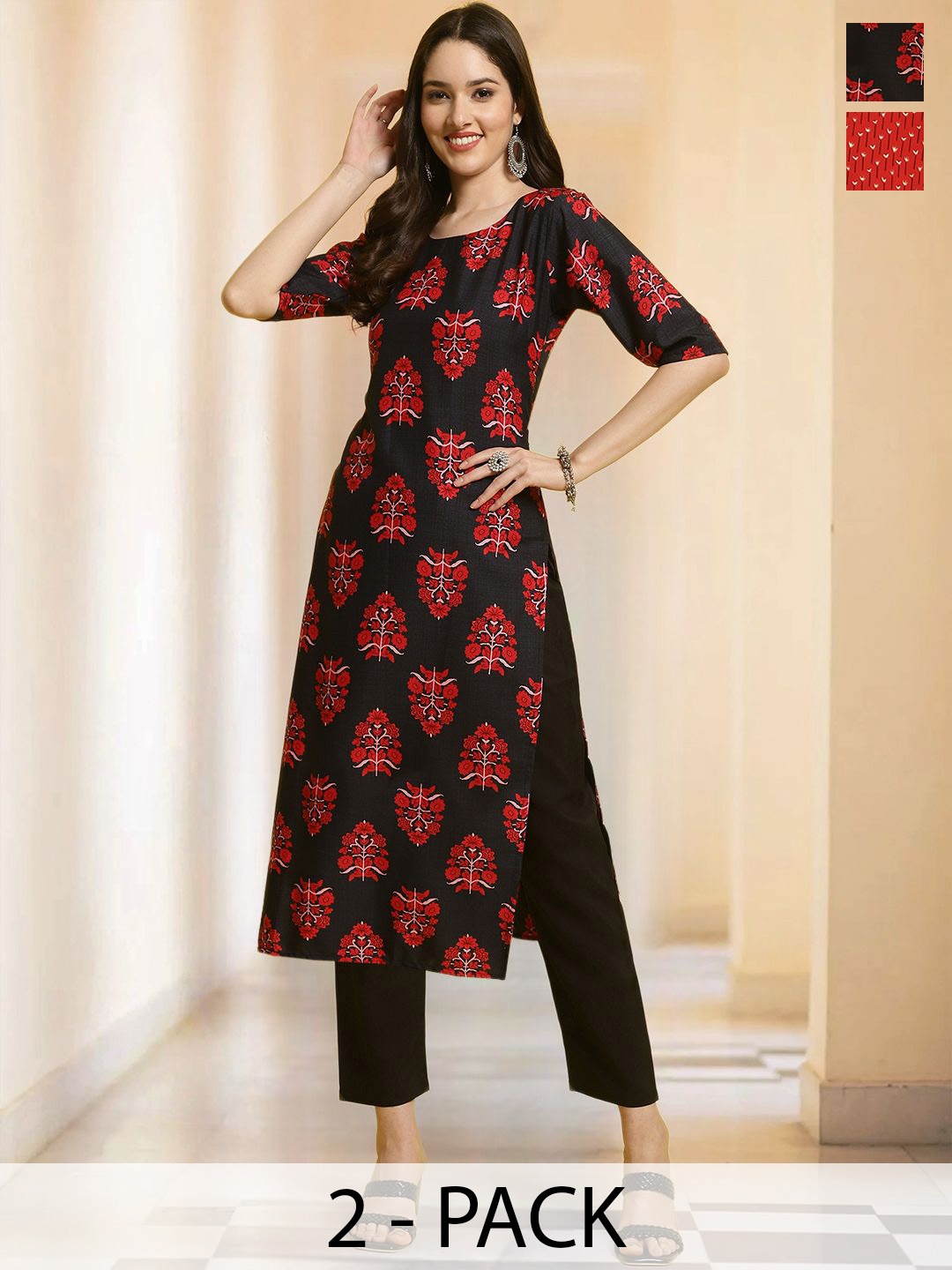 

7Threads Selection Of 2 Floral Printed Straight Kurtas with Trousers, Red