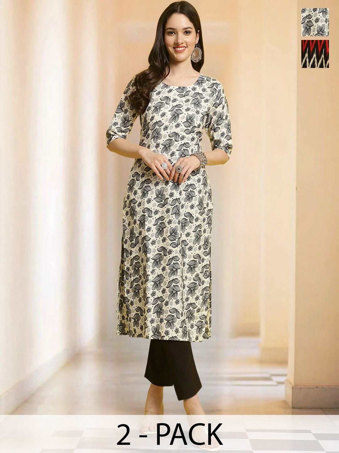 

7Threads Selection Of 2 Floral Printed Round Neck Straight kurta With Trousers, Off white