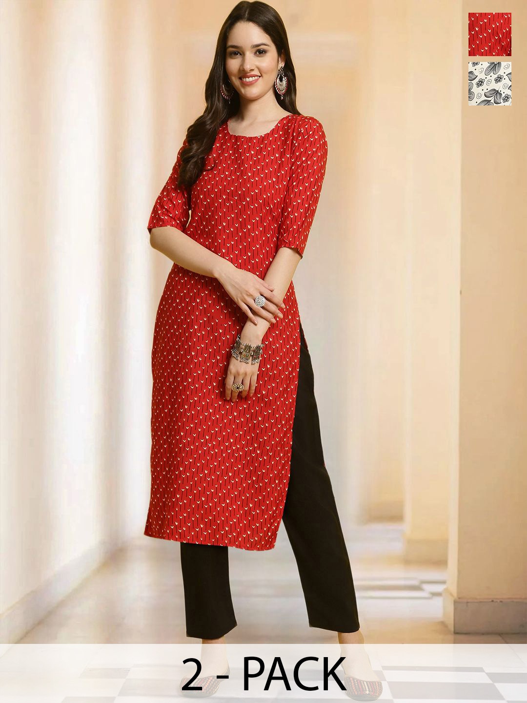 

7Threads Selection Of 2 Floral Printed Round Neck Straight Kurtas With Trousers, Red