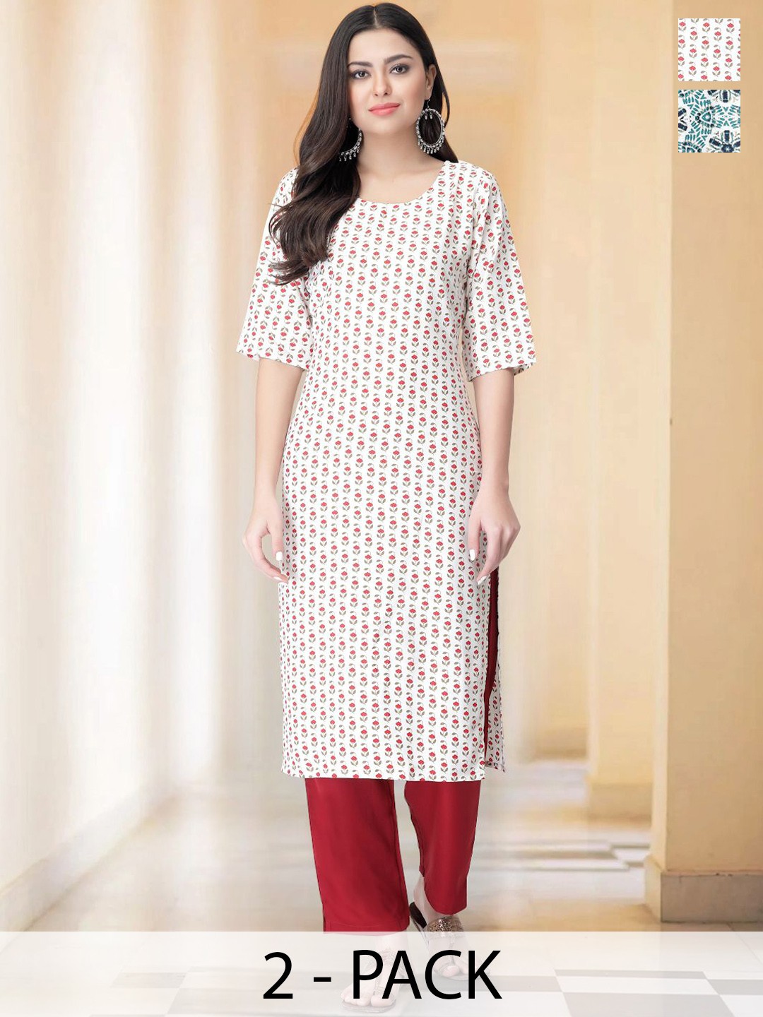

7Threads Selection Of 2 Floral Printed Round Neck Straight Kurta With Trousers, White